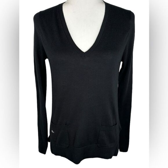 Lacoste Women’s Black V Neck Long Sleeve Knit Sweater - Picture 1 of 9